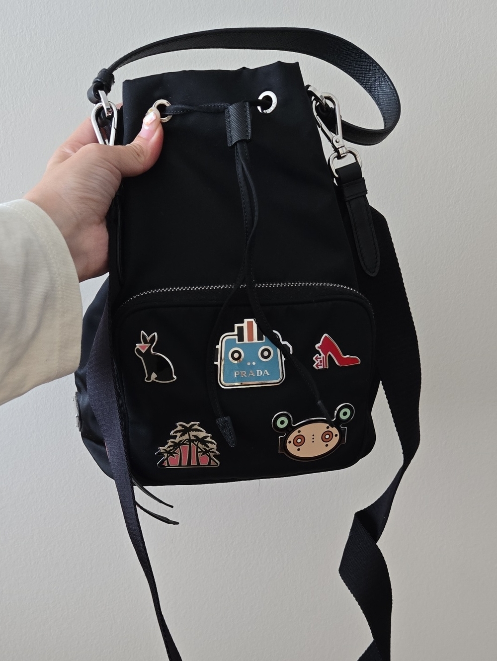 Prada Black Nylon Drawstring Crossbody with Colorful Patch Motifs
